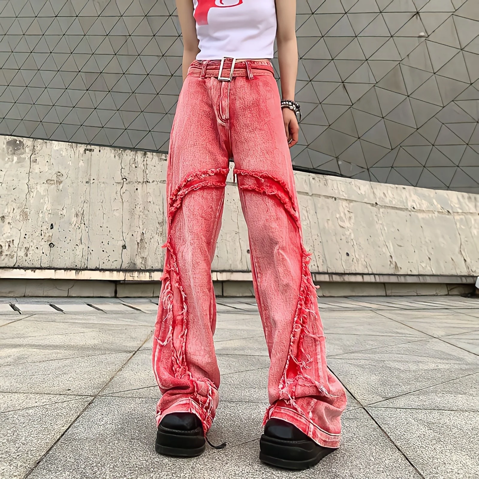 

American Style Vintage Washed Raw Edge Fashion High Waist Casual Trousers Wide Leg Jeans Women Y2k Streetwear Baggy Pink Pa