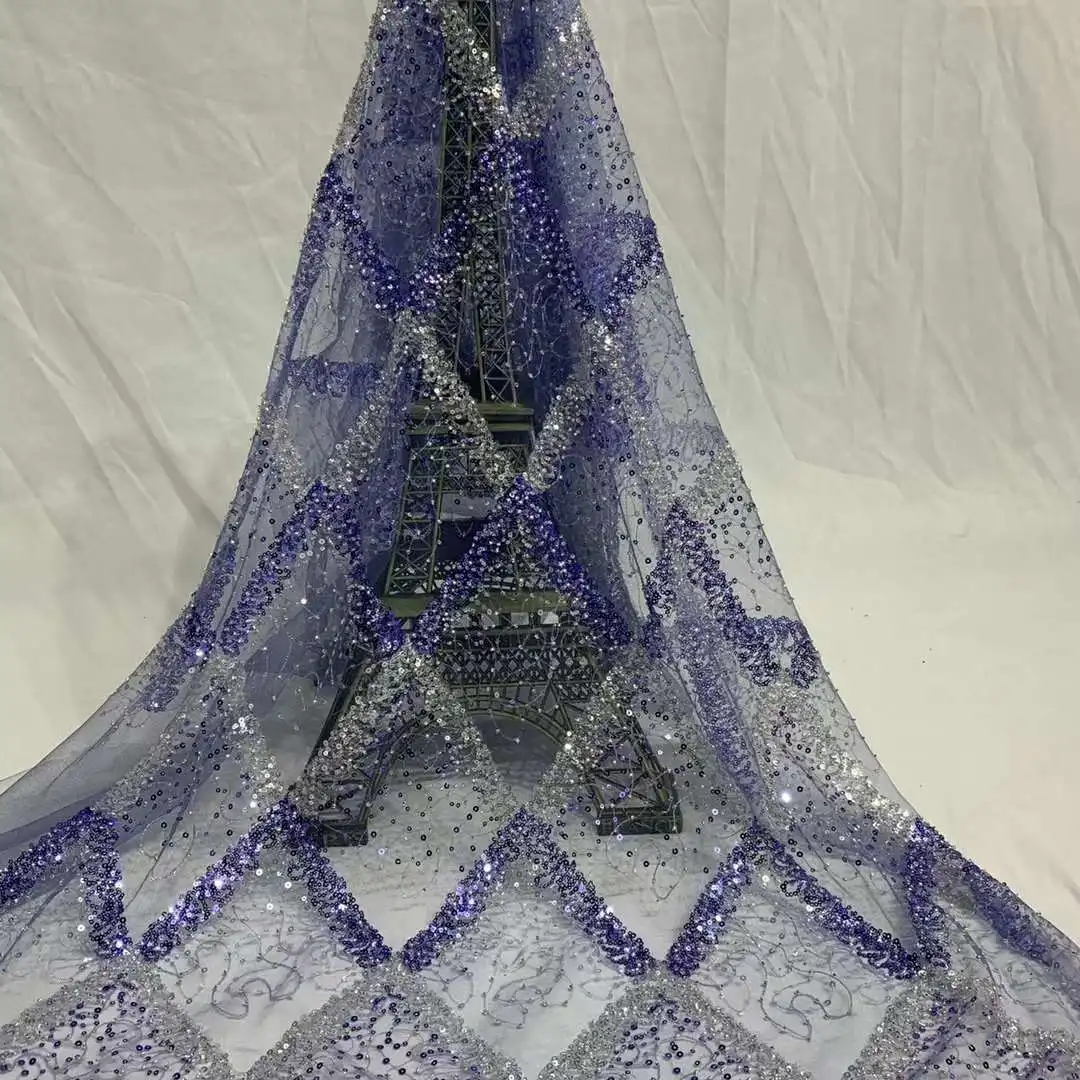 

2022 Royal Blue Nigeria Handmade Beaded Lace Fabric Luxury African Sequin Mesh Fabric Embroidery French Lace For Party