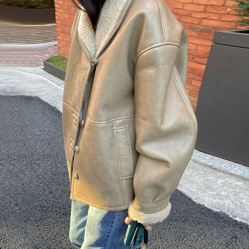 Clothland Women Elegant Thick PU Leather Jacket Single Breasted Long Sleeve Fur Lining Winter Chic Outwear Coats CA498