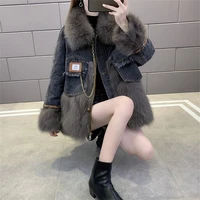 new jacket winter denim stitching fur coat women imitation fox fur long sleeved solid color simple fashion coat women