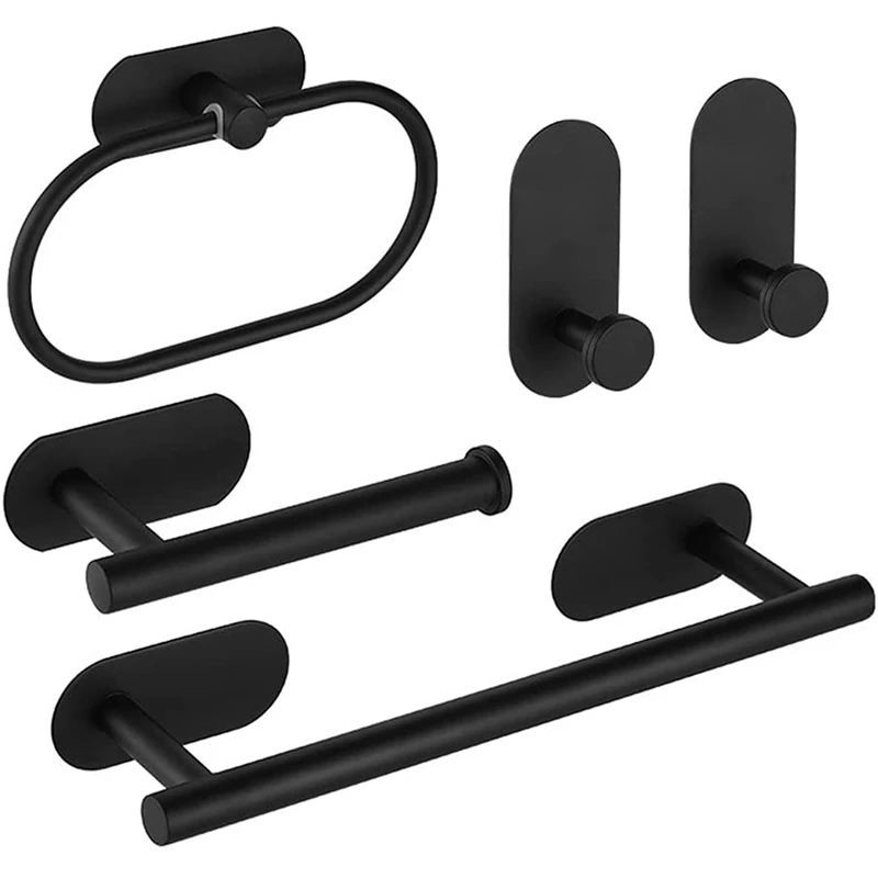 

Matte Black Bathroom Set, Bathroom Towel Rail And Hand Towel Ring And Toilet Roll Holder Self Adhesive For Wall Mounted