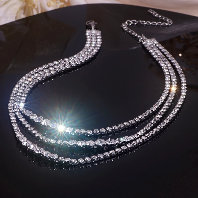 

Korean Multilayered Short Choker Necklace for Women Charm Crystal Rhinestone Link Chain Pendant Necklace Statement Party Jewelry