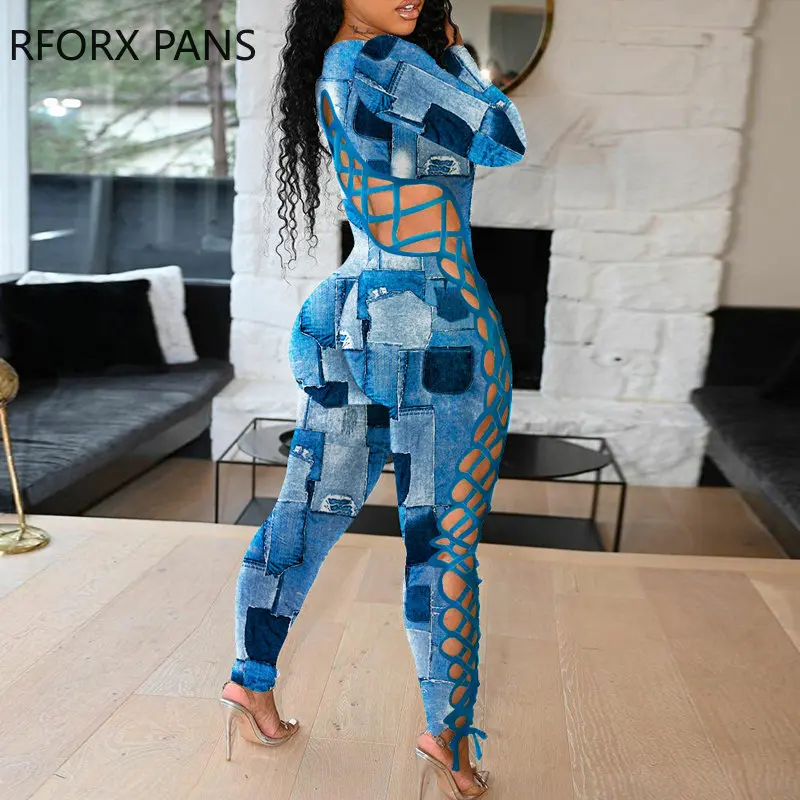

Women Sexy Lace Up Side Patchwork Pattern Long Sleeves Jumpsuit Criss Cross Rib-knit Hollow-out Sexy Skinny Jumpsuit