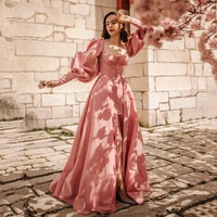 sexy luxury pink elegant long puff sleeve square neck satin ball gown split strap backless princess party dress floor length for
