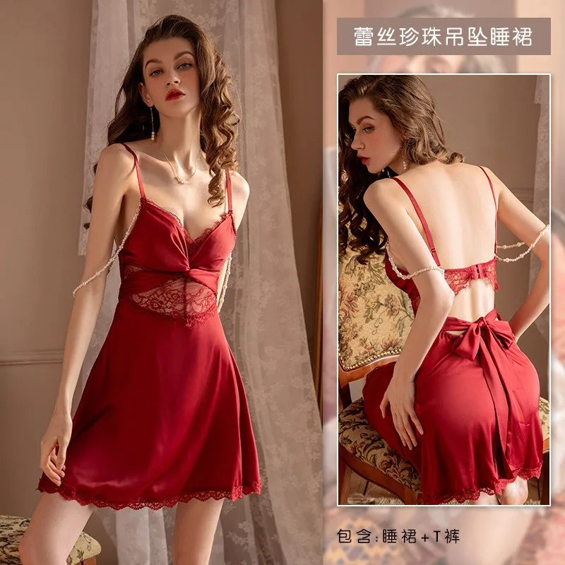 Sexy Women Sleepwear Lace Cross Strap Women Nightdress Free Removal With Beads Temptation Lingerie Night Gown Black Red White