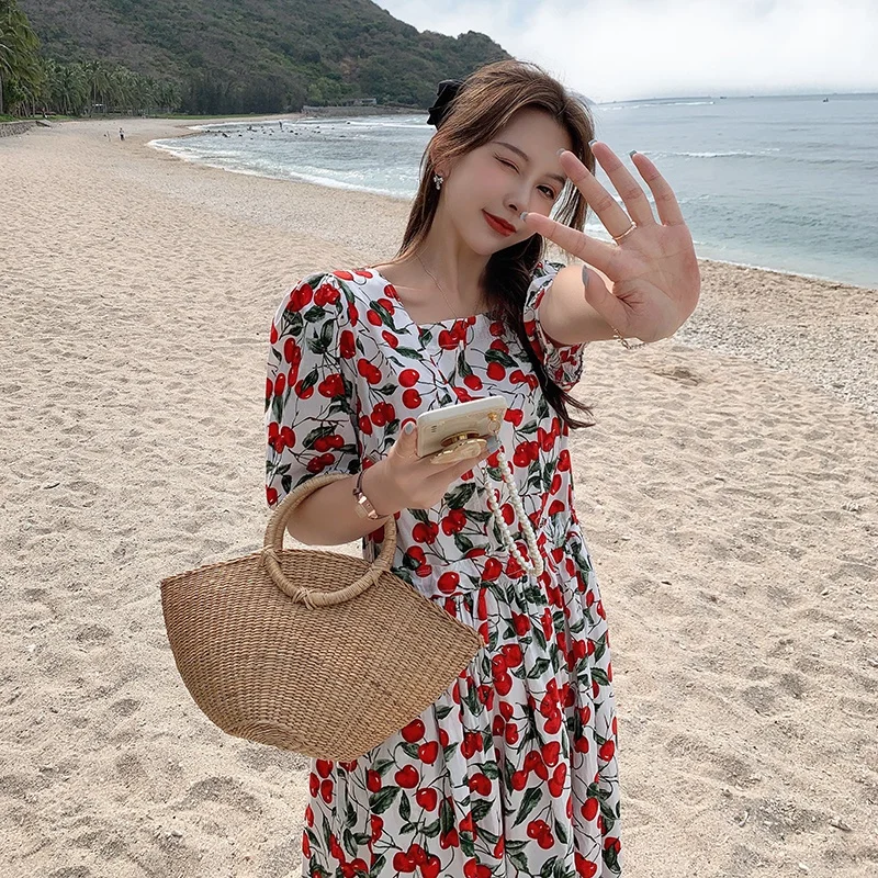 

Реальный снимок ~ 2023 Новое Женское платье в виде вишни нежное длинное платье для пышных девушек приталенное темпераментное платье с коротким рукавом