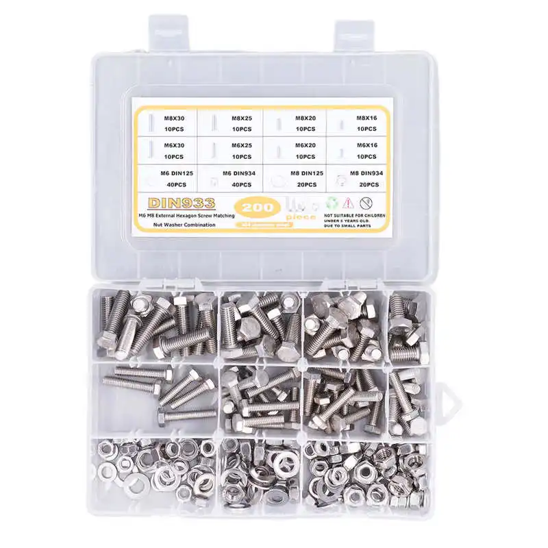 

200Pcs Hex Screws Washers Nuts Kit 304 Stainless Steel Machine Screw for Repairing Furniture