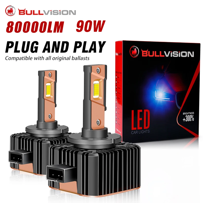 Bullvision D1S Led Headlight D3S Canbus Bulbs CSP D4S D5S D2S D8S Led 80000LM 90W Super Bright D1R D4R D2R D3R D Series Car Bulb