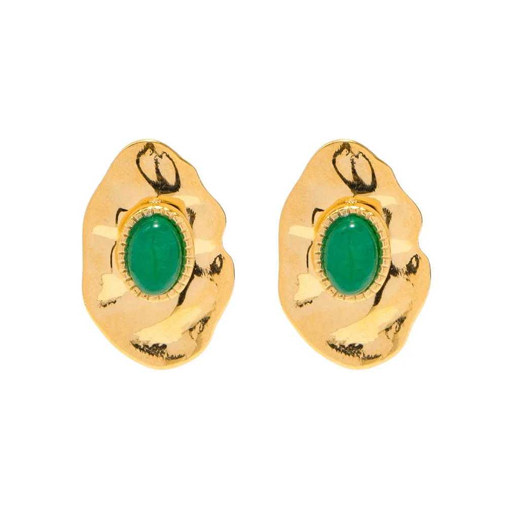Stainless Steel PVD 18K Gold Plated Tarnish Green Stone Eye Stud Earrings  For Woman Jewelry Wholesale INS Trendy