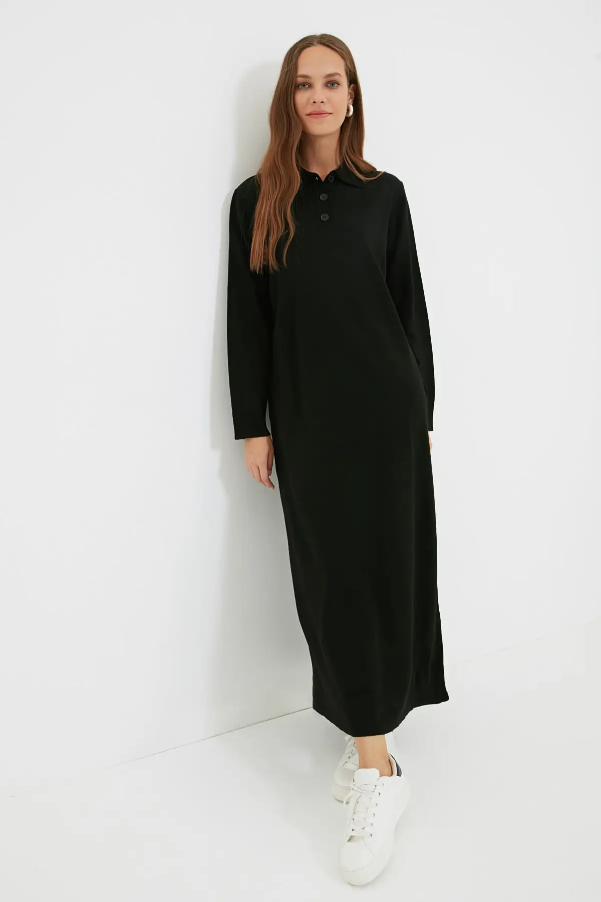 

Черное Трикотажное Платье-поло с воротником-поло TCTAW22EB0212, Полосатое Макси-Платье с обычным стандартным рукавом, Повседневная Длинная акриловая куртка