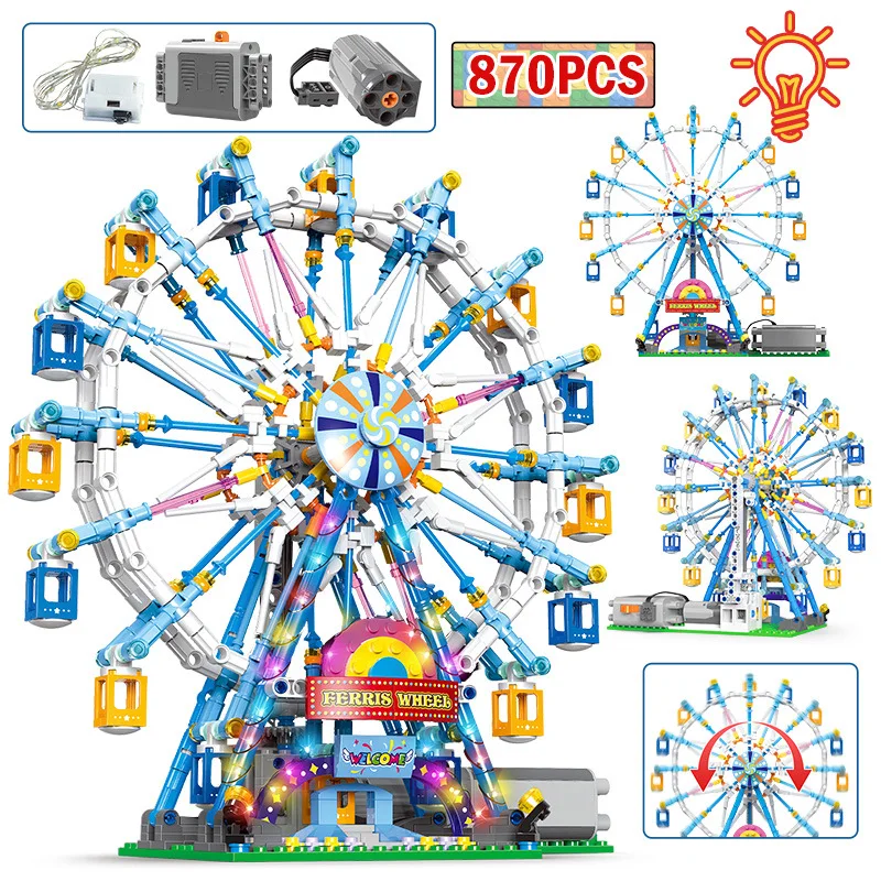 

Miniature Building Electric Rotating Ferris Wheel Building Blocks MOC Diy DollHouse Kit Amusement Park Bricks Educate Toys Gift