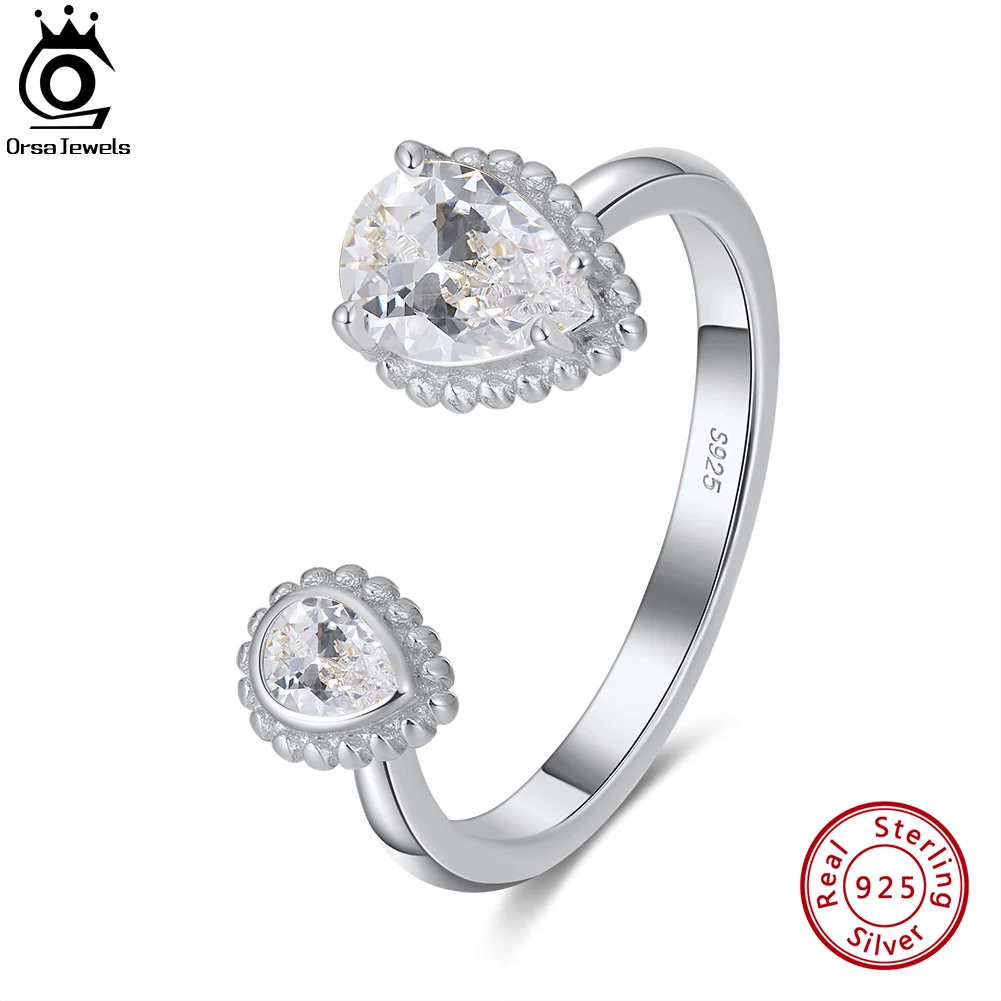 ORSA JEWELS Genuine 925 Sterling Silver Teardrop Open Finger Rings for Women Clear CZ Adjustable Rings Fine Jewelry Bijoux SR268