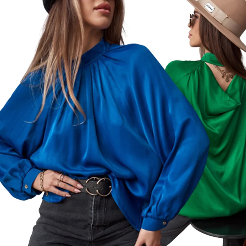 

Элегантная атласная блузка с коротким рукавом и воздушным шариком, рубашка оверсайз, топы с длинным рукавом