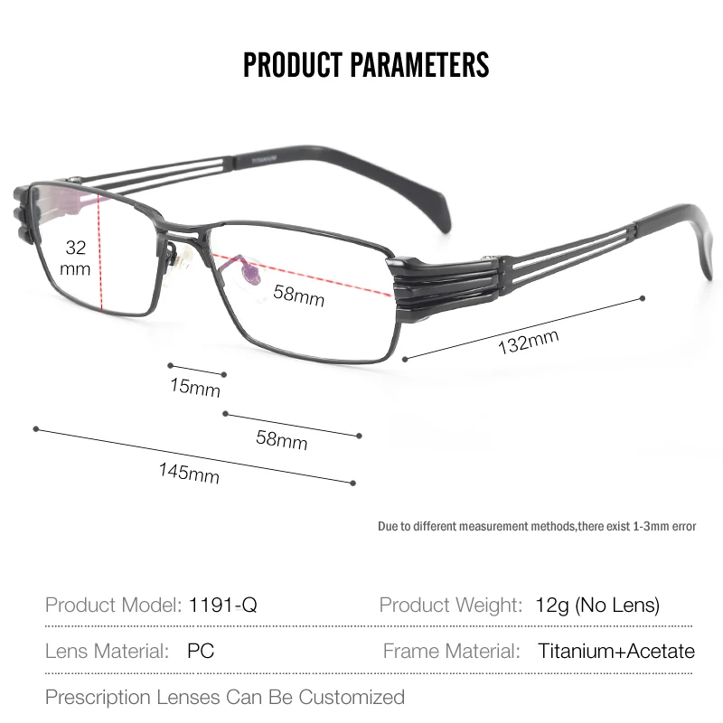 Мужские титановые очки для коррекции зрения в полной оправе