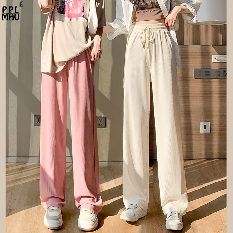 2023 Summer Lightweight Drawstring Casual Pants Korean Baggy Long Pantalones 93-101cm Candy Colors Thin Wide Leg Pants Women