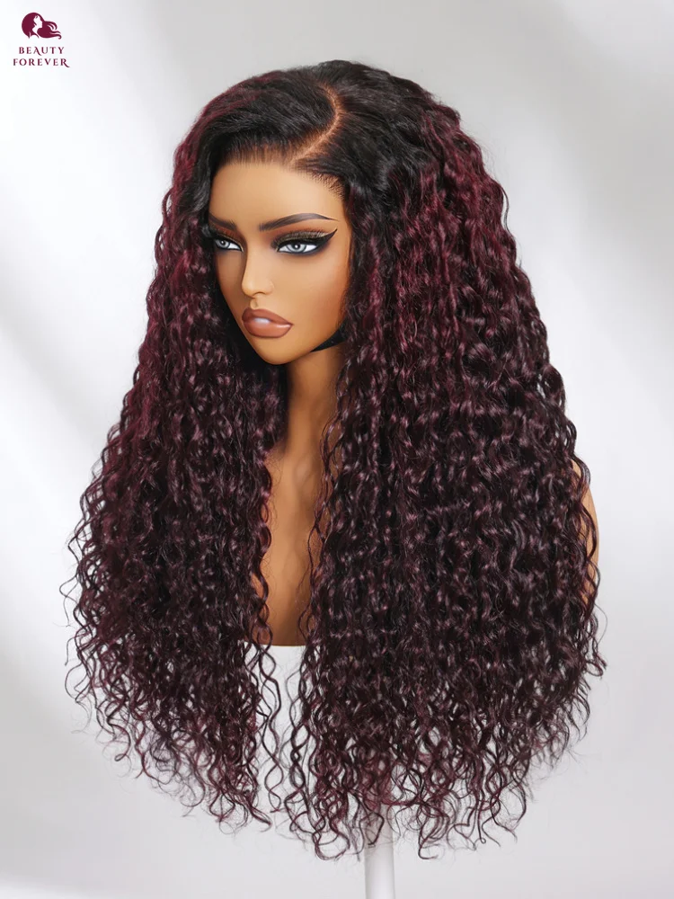Beauty Forever Dark Plum Water Wave 13x4 Hd Парики фронта шнурка темного корня Цветной бразильский
