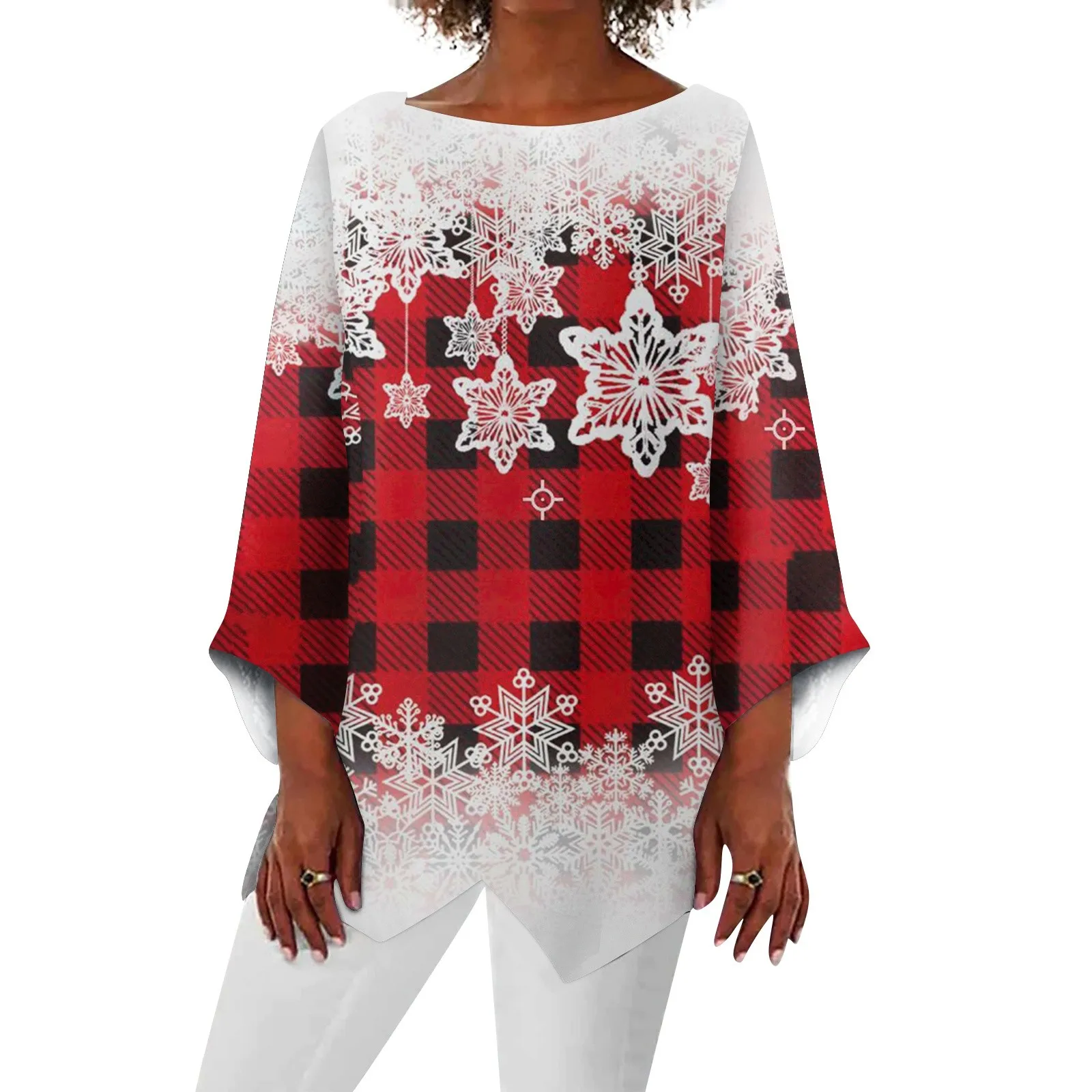 

Women Fashion T-Shirts Christmas Print Oversized Loose T Shirts Daily Nine Points Sleeve Round Neck Pullover Tops Ropa De Mujer