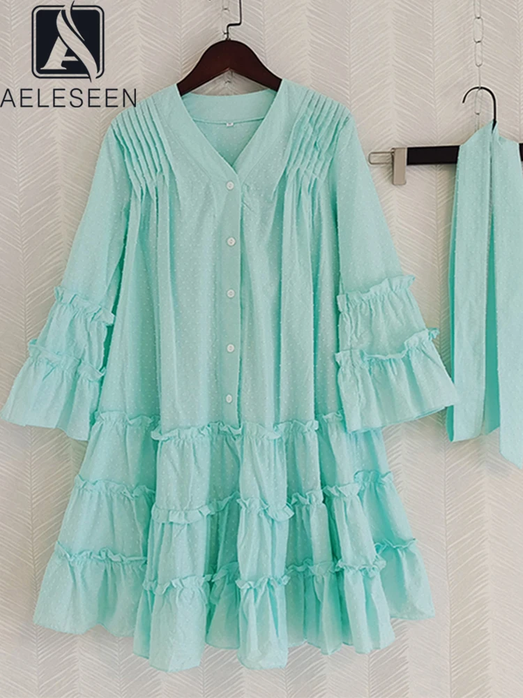 

Женское однобортное платье AELESEEN, с V-образным вырезом и расширяющимся книзу рукавом, желтое повседневное свободное вечерние чное мини-плать...