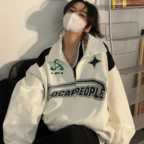 Женская куртка на молнии с буквенным принтом, уличная куртка в стиле ретро, в стиле хип-хоп, женская очень большая корейская Повседневная трендовая куртка Y2K