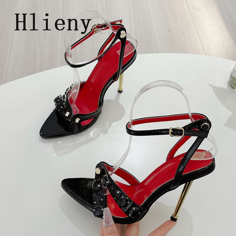 Hlieny/2020 летние новые женские сандалии с острым носком и заклепками кристаллами