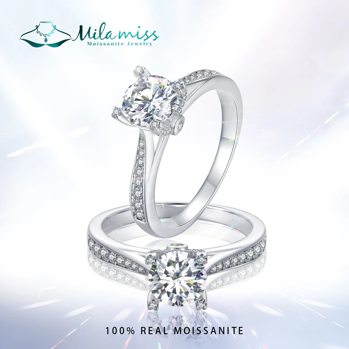

MILAMISS GRA Certified 1.0CT Moissanite Ring VVS1 EX Lab Diamond Simple Four Prongs Pavé Setting CZ Rings S925 D Color Valentine