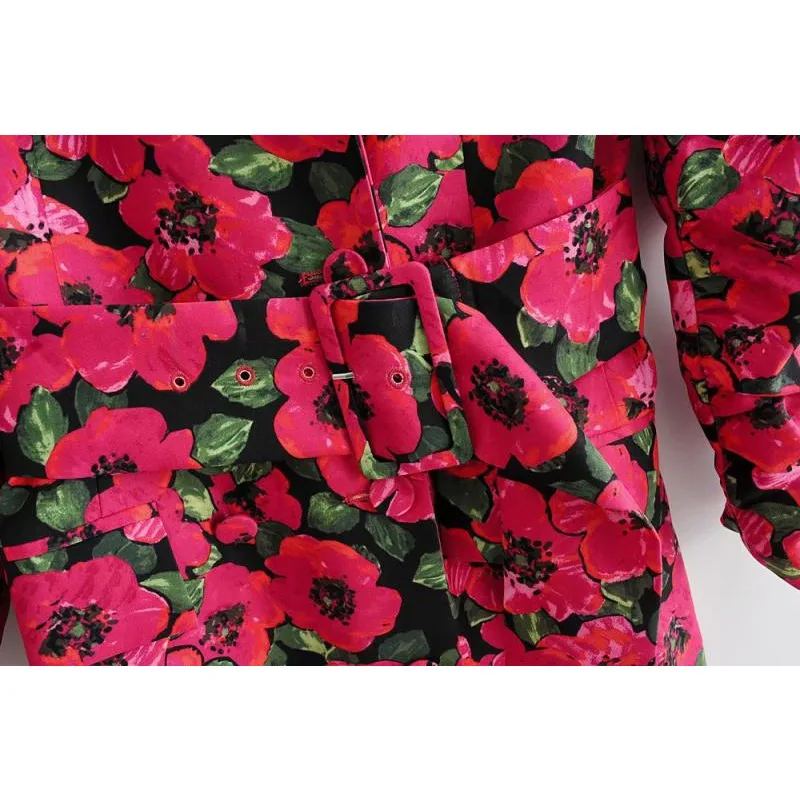 2023 Fashion Casual Blazer Ladies Full Sleeve Floral Pattern Lapel Slim Waist Retro Rose Red Printed Clothing