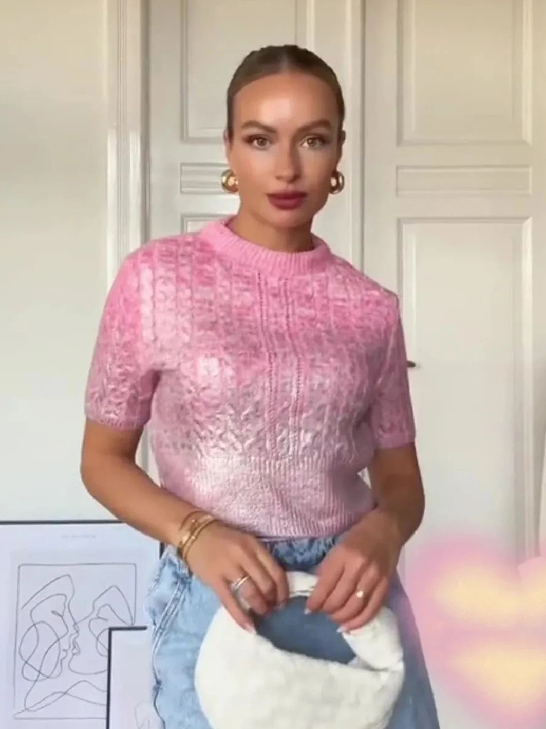 

Woman Pink Metal Knitted Sweater Round Neck Short Sleeve Pullover Autumn Causal Vintage Fashion Slim Cropped Jumper Top Clothes