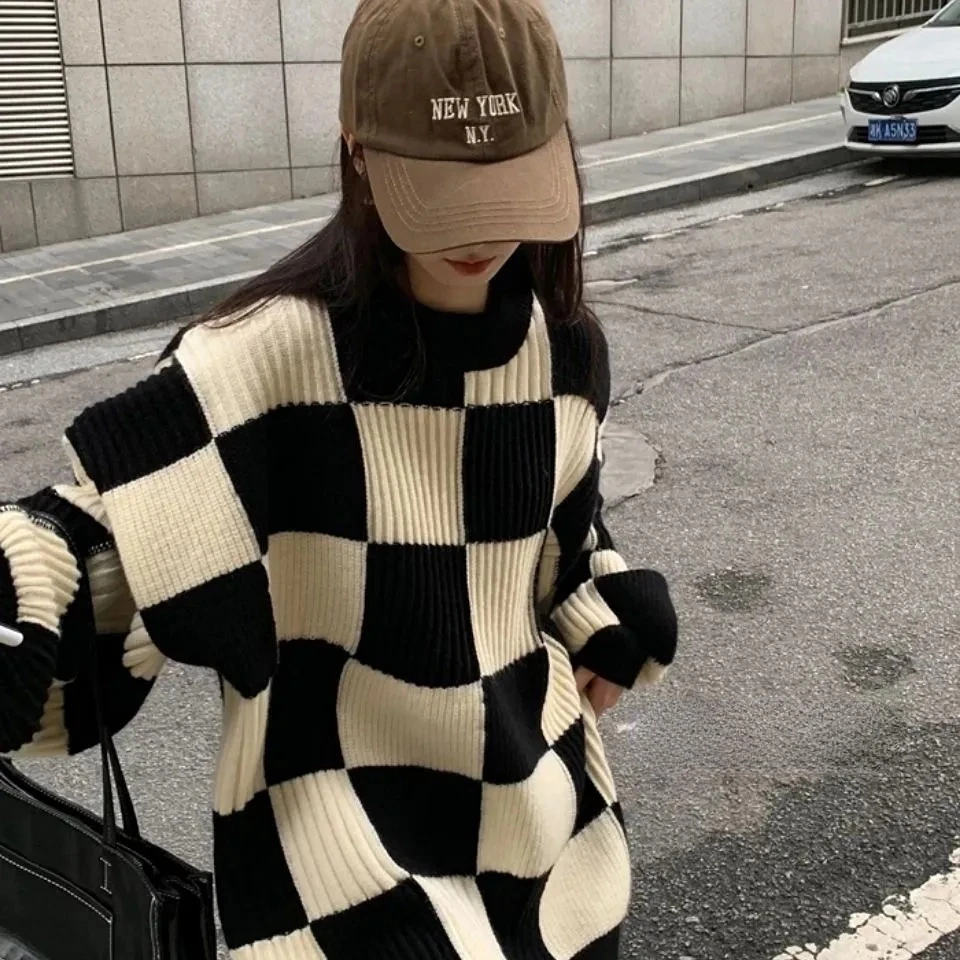 

Winter Chessboard Plaid Pullover Sweater for Women Basics Oversized Sweaters Wool Knit Pullover Fashion Warm Loose Pull Femme