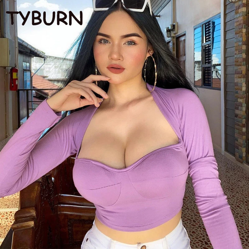 

TYBURN Summer Street Sexy T-shirt Women's Purple V-Neck Short Long Sleeve Umbilical Top