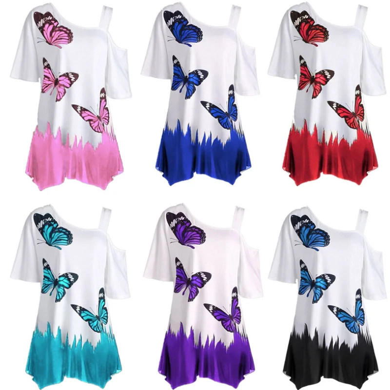 

Women's Clothing 2021 Summer Express Wish Foreign Trade Popular Digital Printing Butterfly One Shoulder Long T-Shirt