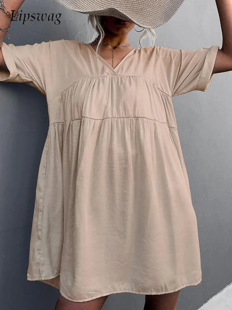 

Casual Solid V-Neck Loose Dress Women Summer Fashion Short Sleeve Ruffles Pullover Mini Dresses All-match Female Dress Mujers