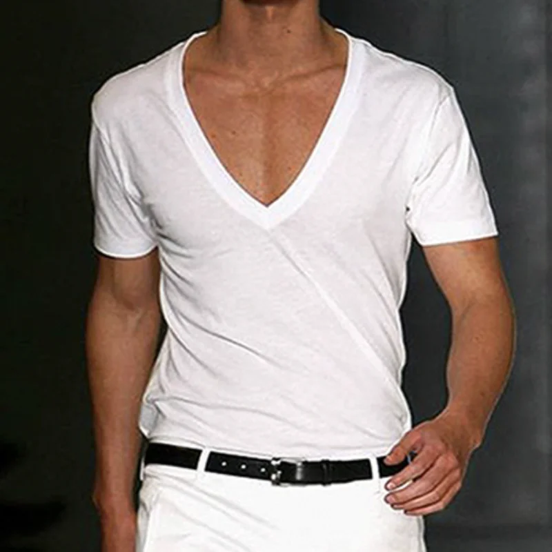 

Men's Fitness T-shirt European Summer Sports Casual Summer Cotton Sweat-absorbing Solid Dark V-neck Top