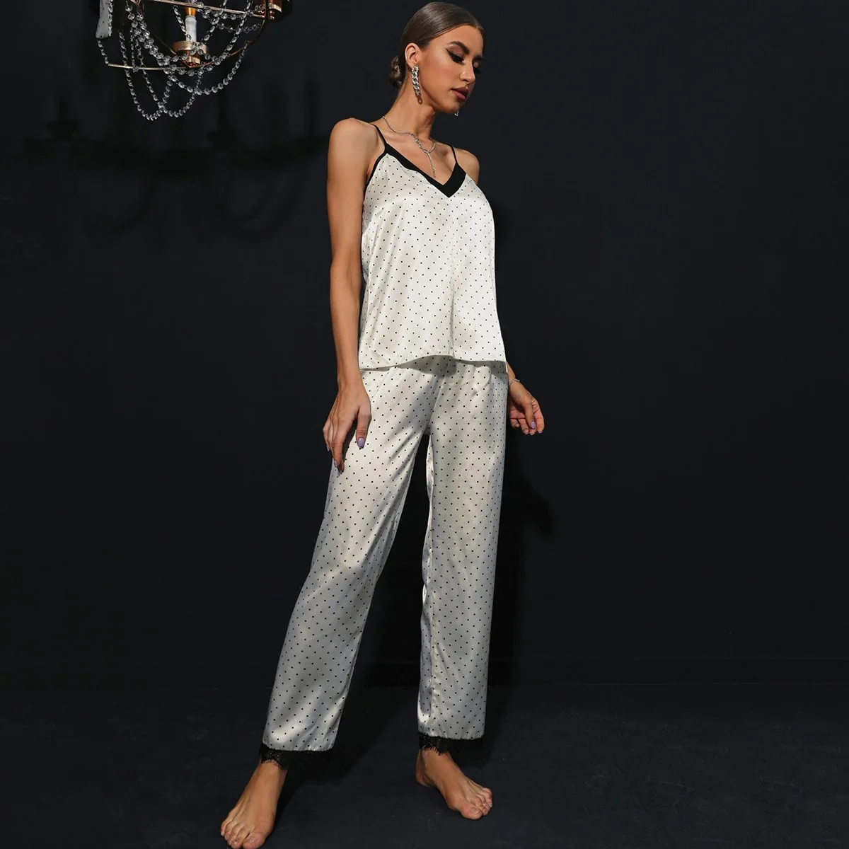 Spring Women's Loungewear Thin Casual Polka Dot Printed Loose 2 Piece Set Pajamas Sling Long Pants Nightwear Female Home Service