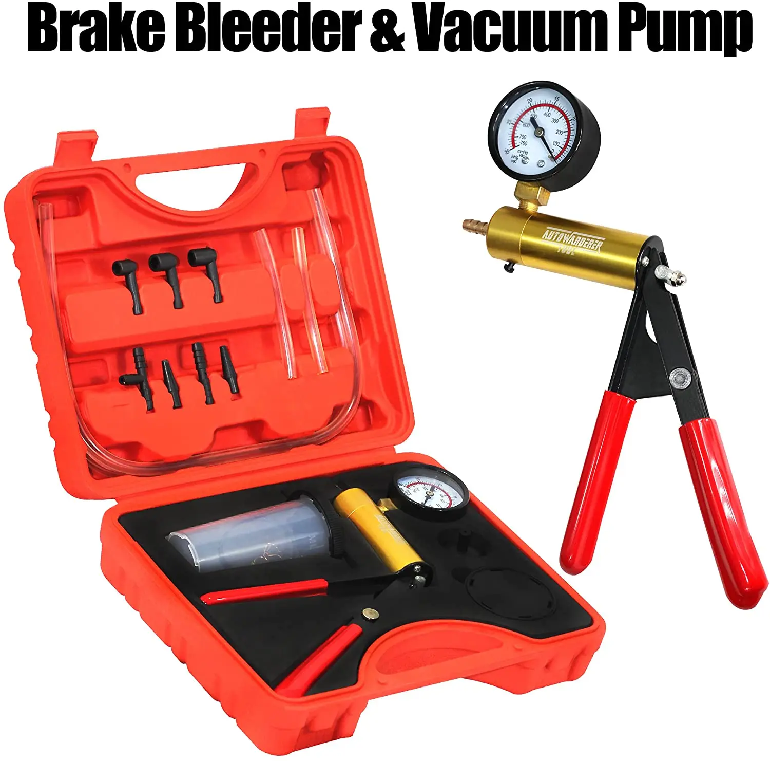 

2 in 1 Brake Bleeder Kit Hand held Vacuum Pump Test Set for Automotive with Protected Case,One-Man Brake Clutch Bleeding System