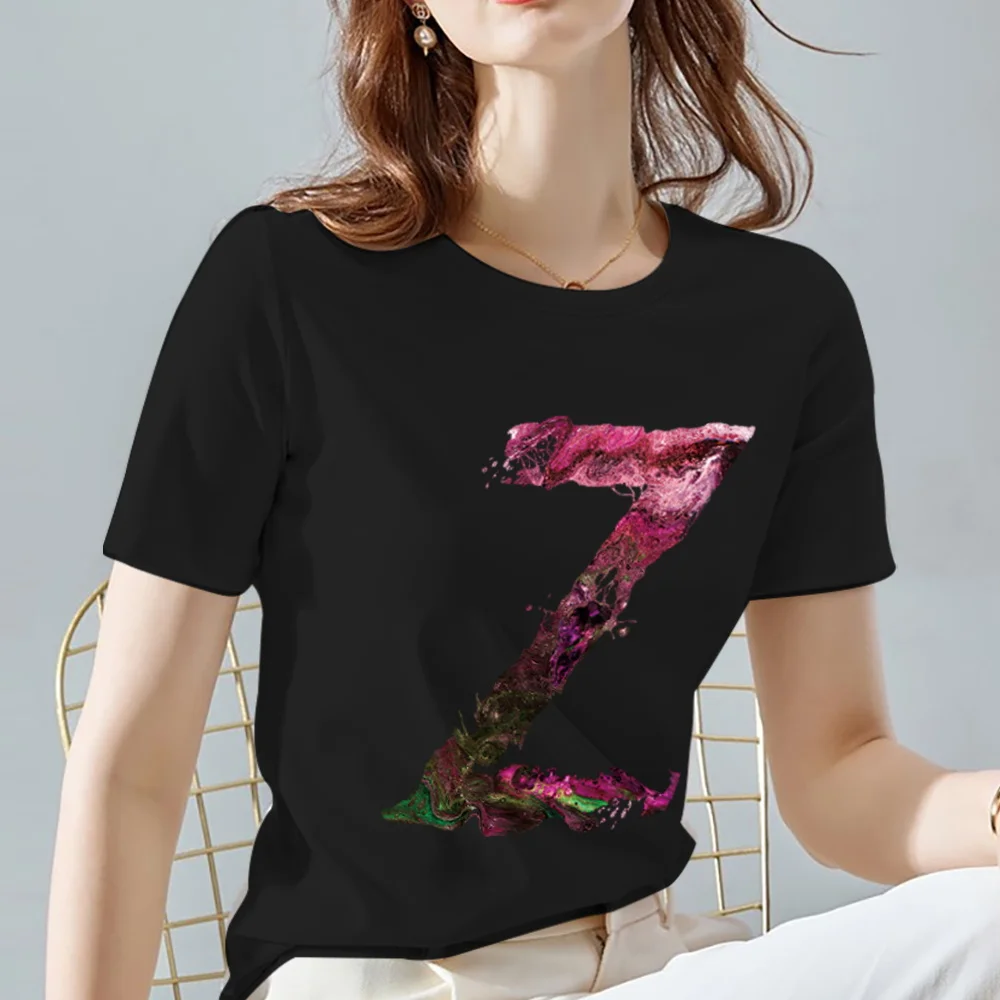 

Korean Version of T-shirt Harajuku Women Clothing Casual Commuter O-neck Initials Spray Paint Z Letter Comfortable Printing Top