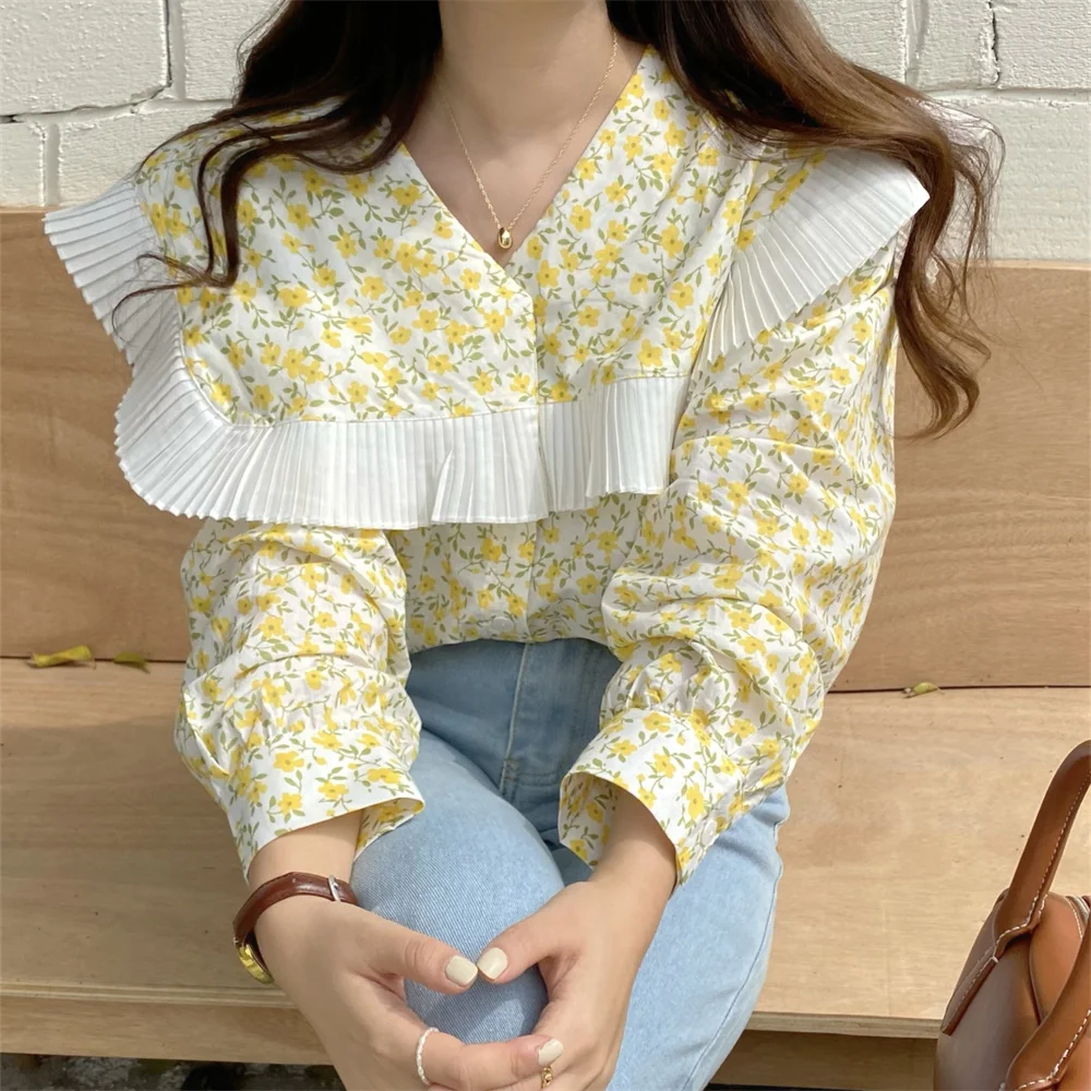 

HziriP Elegant Women Florals Tops Ruffles Autumn Gentle Lady 2022 Office Wear New High Street Hot Casual Printed Chic Sweet