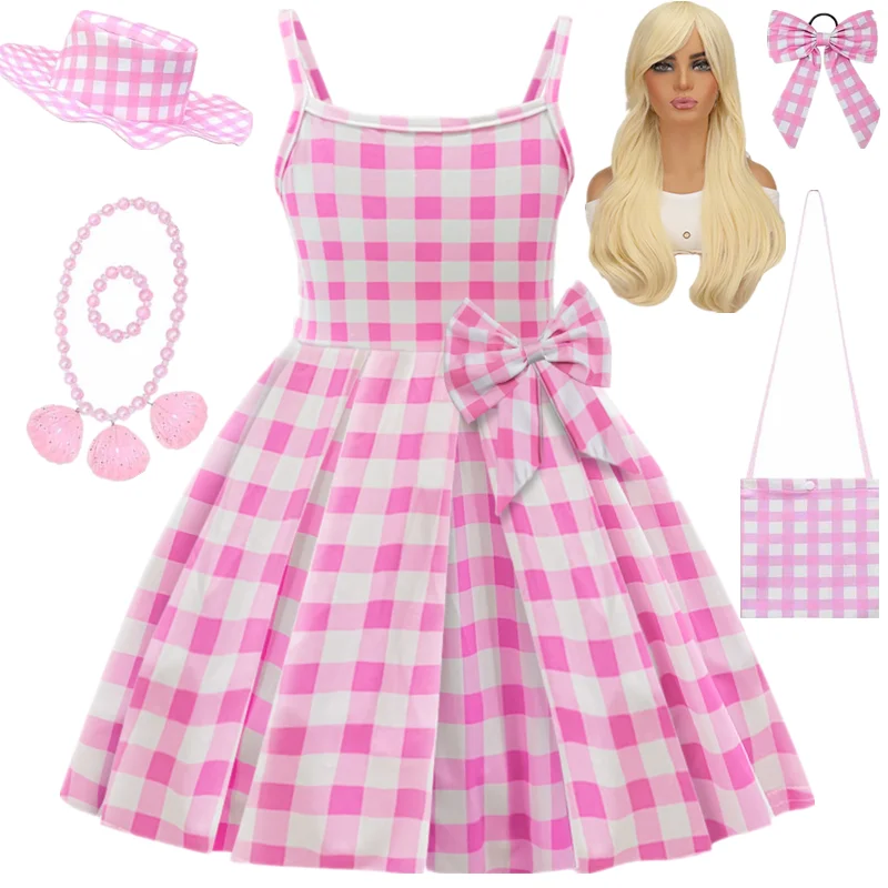 

Movie Berbie Costume for Girls Pink Plaid Barbi Cosplay Kids Princess Dress Birthday Halloween Carnival Party Vestidos 3-10 Yrs