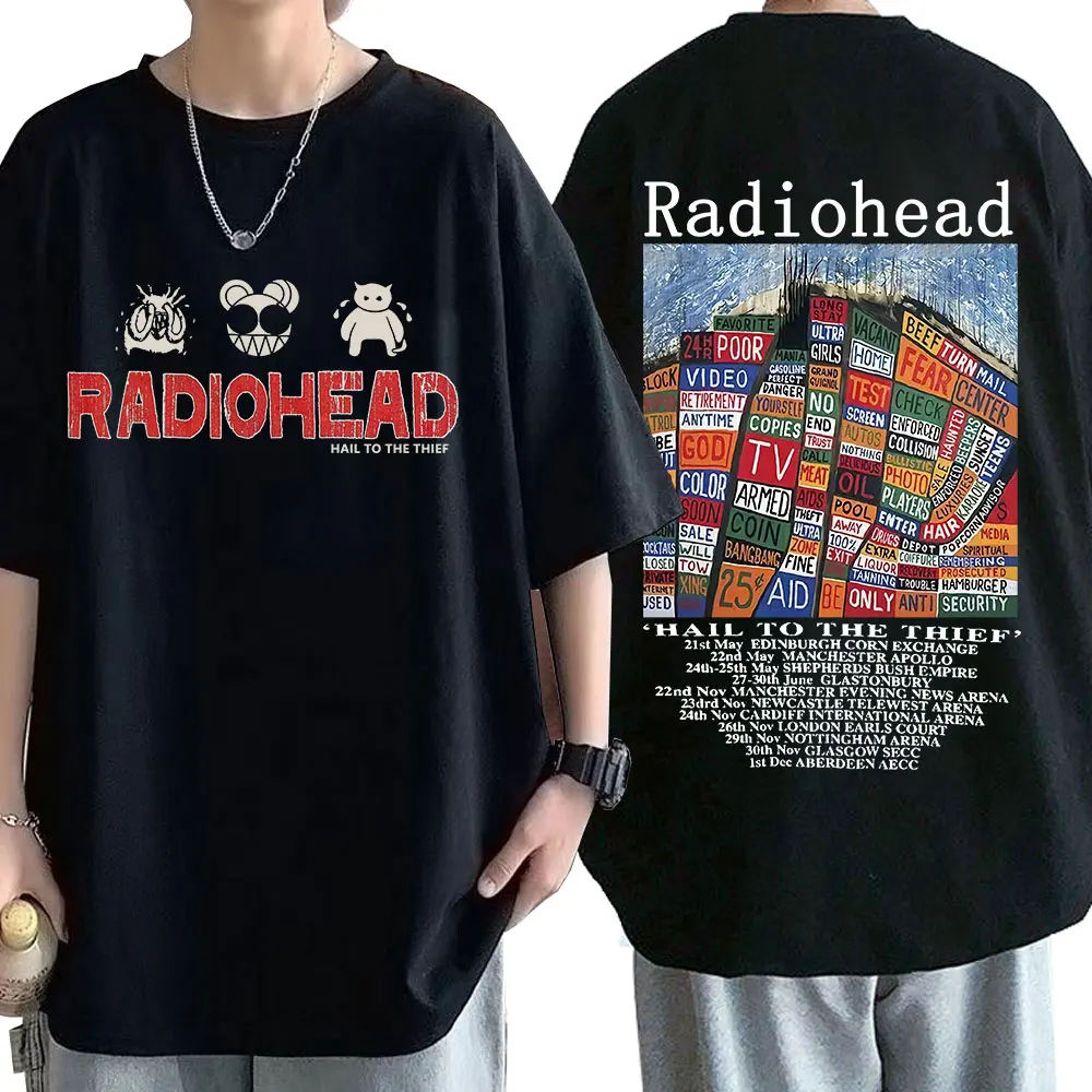 Camiseta con estampado Vintage de Radiohead para hombre, camisetas Unisex de gran tamaño, 100% algodón, Hip Hop, banda de Rock, granizo al ladrón, camisetas con Álbum de Música