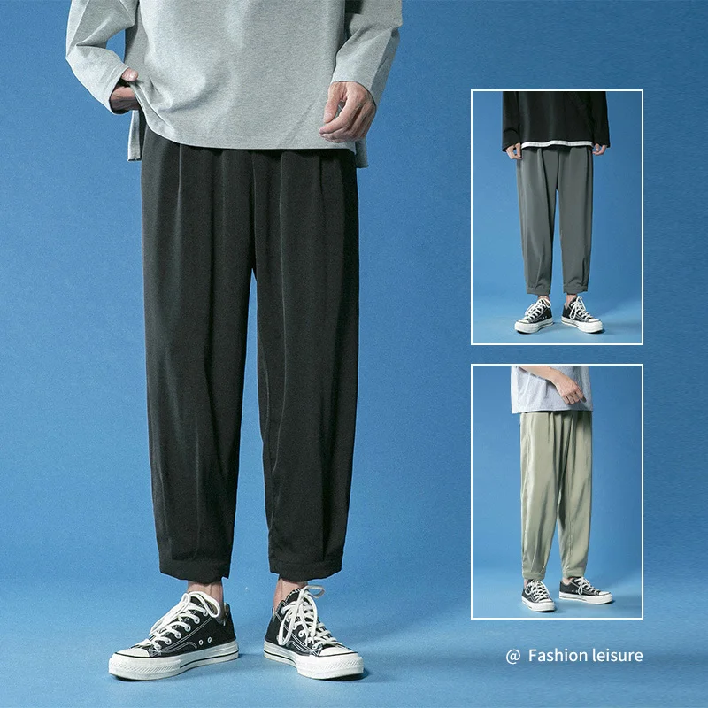 

Новинка 2022, Корейская версия, модные эластичные брюки EOENKKY из ледяного шелка, весенние тонкие мужские повседневные брюки, широкие спортивны...