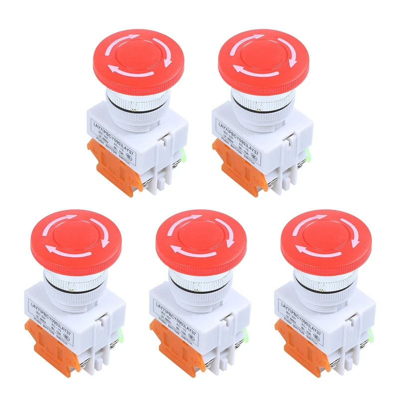 

5X Red Mushroom Cap 1NO 1NC DPST Emergency Stop Push Button Switch AC 660V 10A
