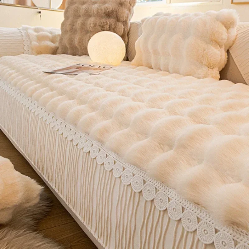 

Зимнее утолщенное плюшевое покрывало для дивана с кружевными краями, однотонное теплое и нескользящее покрытие для дивана, чехол для подлокотника, тканевое полотенце