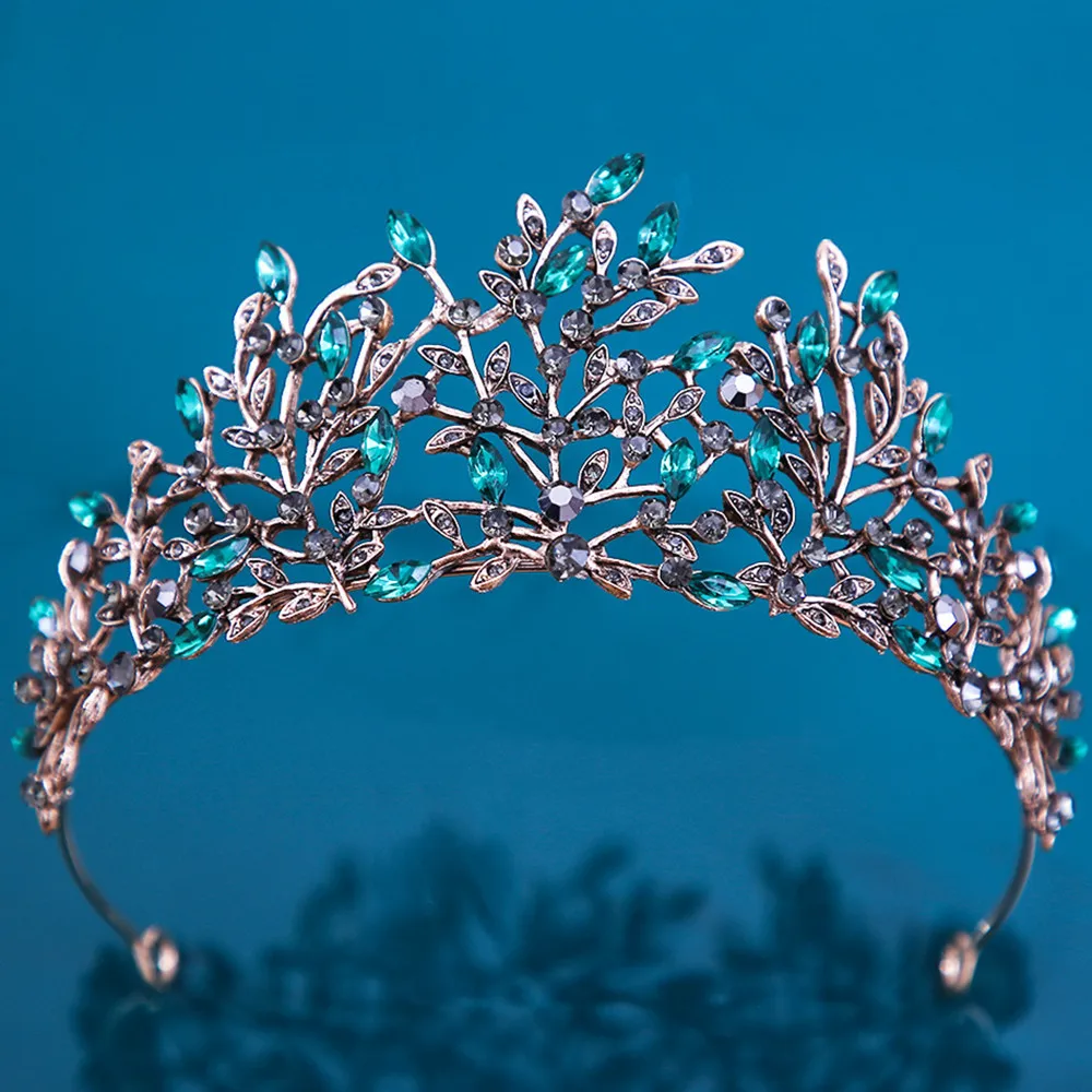 Green Crystal Tiara Crown Red Rhinestone Plant Crown Hair Dress Accessories