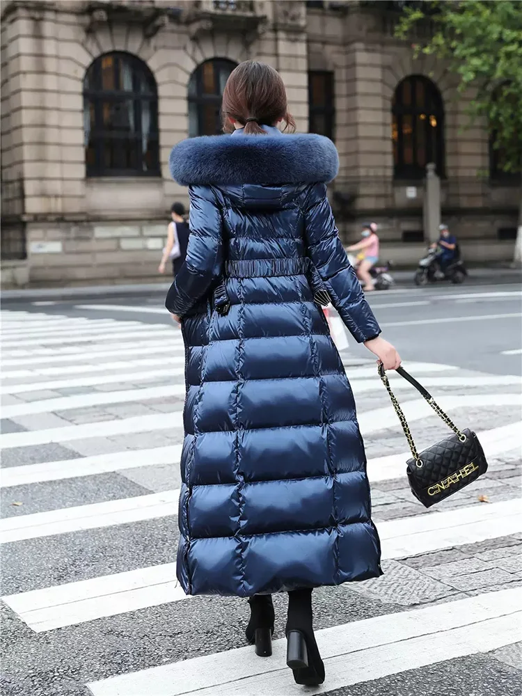 New Women Long Down Coat Winter Fashion Wash Free Glossy Surface Real Fox Fur Collar Thicken Down Jacket Strecth Belt Overcoat