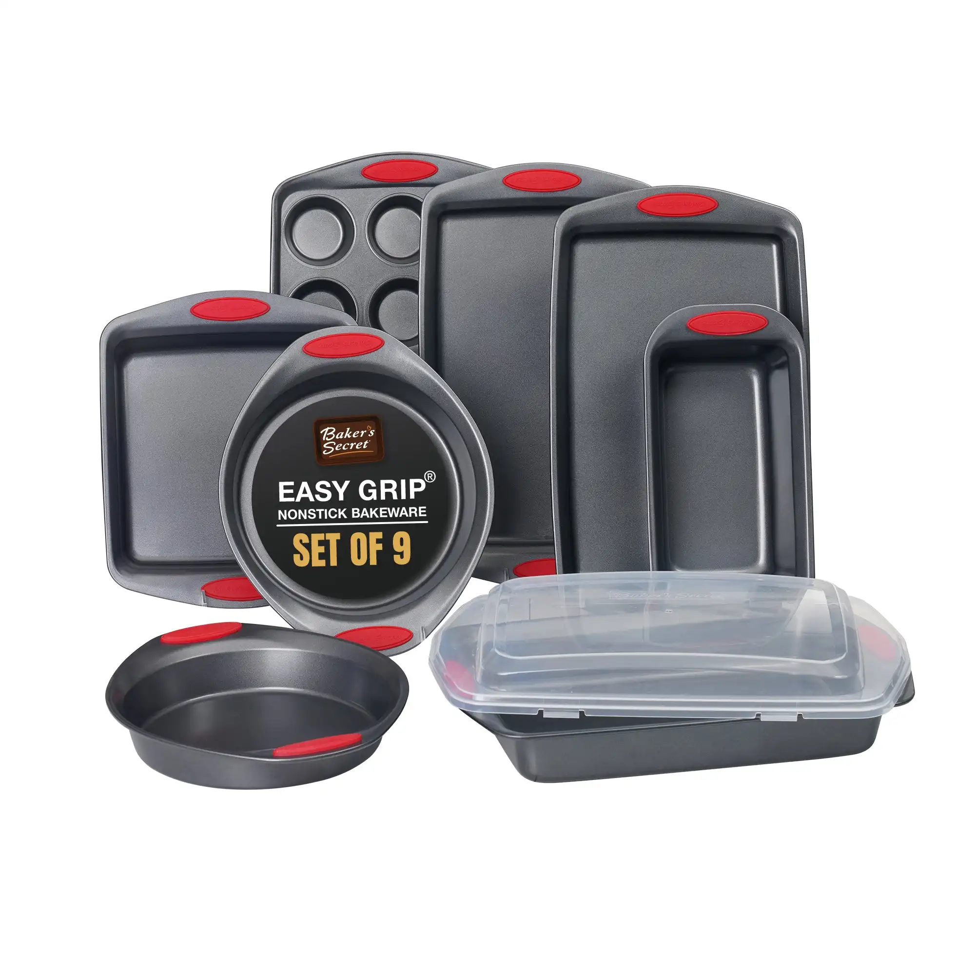 

Free Shipping Baker's Secret Easy Grip Carbon Steel Non-stick Durable Set of 9 Baking Pans Set Dark Grey/Red