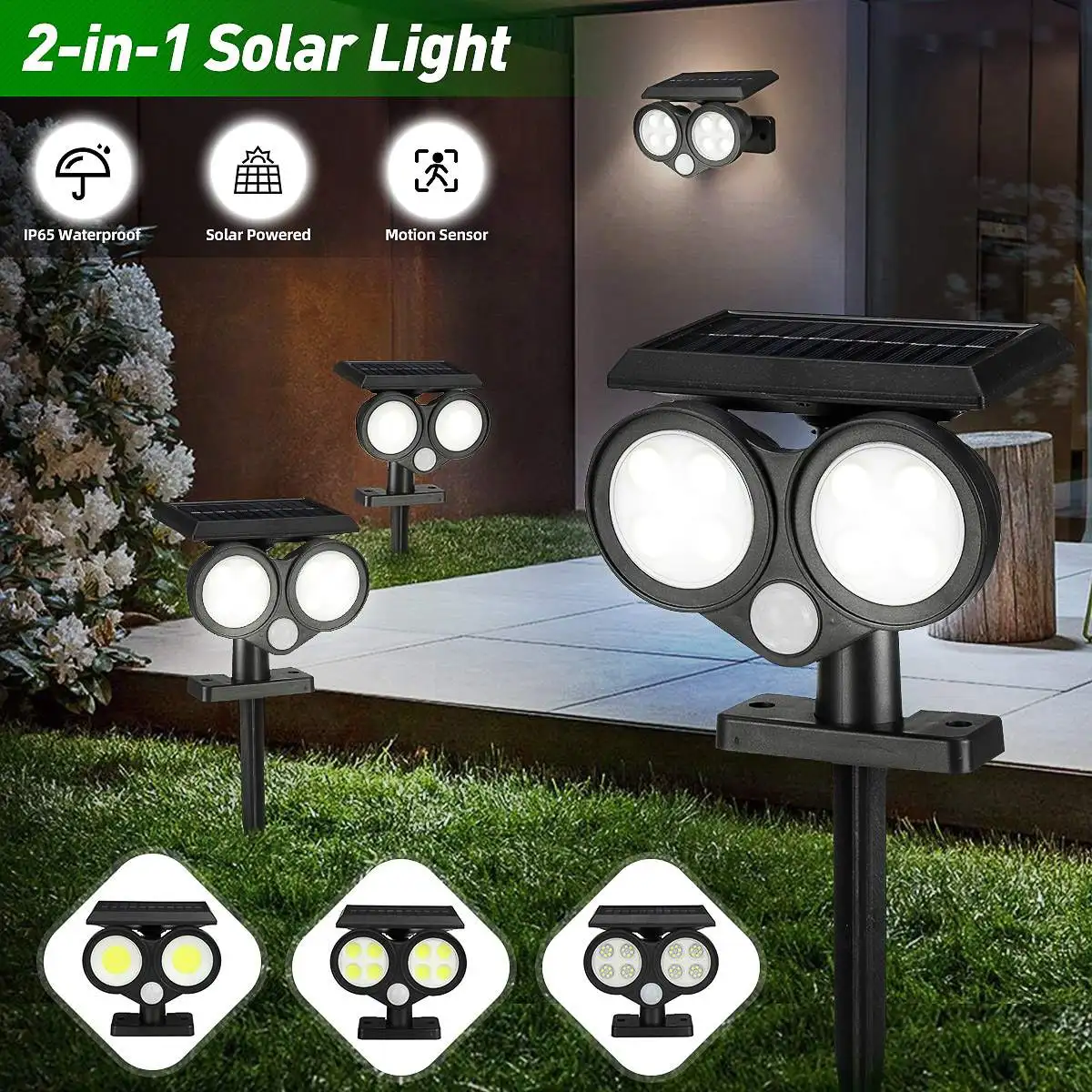 

2 In 1 Solar Spot Light 3 modes Motion Sensor Outdoor Garden Lamp