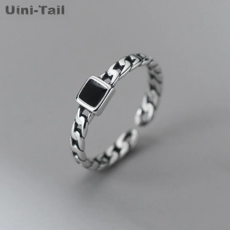 

Uini-Tail hot selling new 925 silver black square drop glue open ring simple trend exquisite temperament old design ring JK302