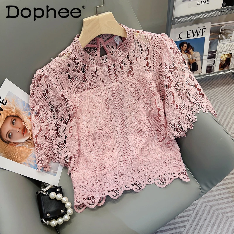 

2022 Summer New Sweet Crocheted Hollow Lace Shirt Women's Temperament Slimming Stand Collar Short Sleeve Blouse Ladies Crop Tops