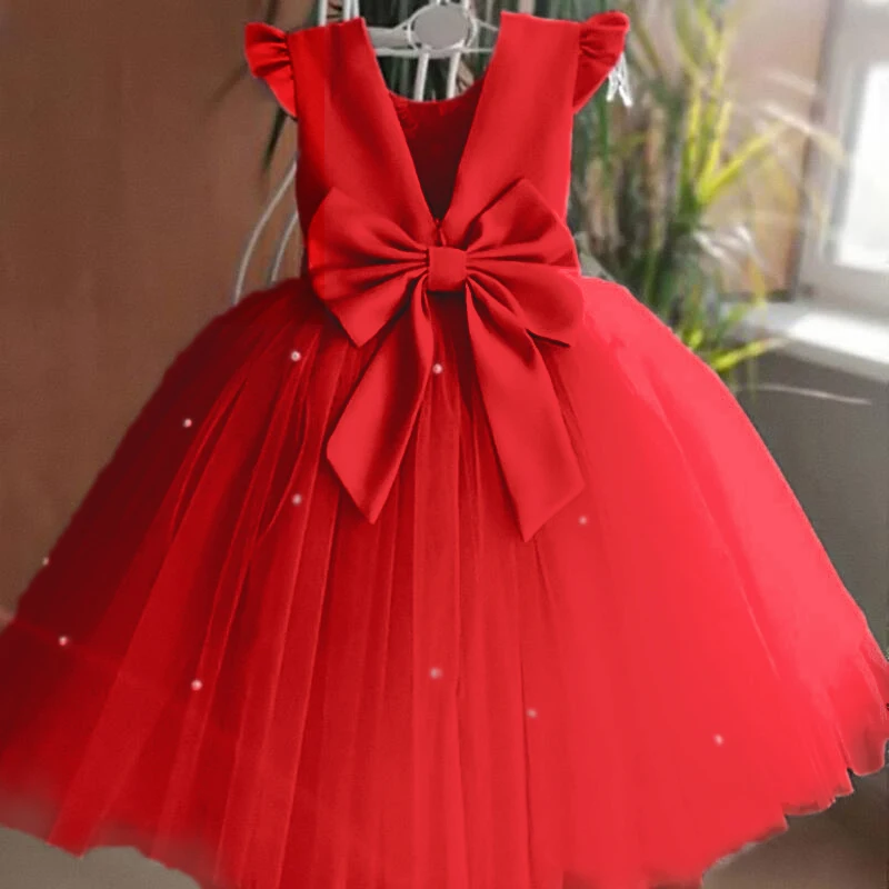 Toddler Girl Flower Birthday Tulle Dress Backless Bow Wedding Gown Kids Party Wear Princess Pink Dress Baby Girl Bowknot Dresses