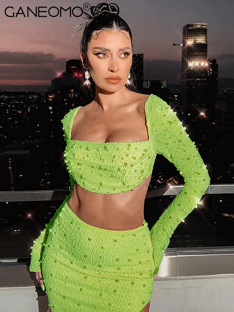 

Long Sleeve Tshirt Crop Top Midi Skirt Suits Women Two Piece Sets 2022 Autumn Elegant Party Casual Fashion Sexy Vacation Outfits