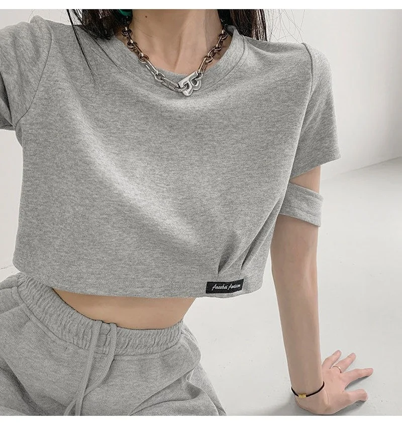 

2023 Harajuke Crop Tops Women Summer High Waist Fashion T-shirt Egirl New Solid Cut Out Short Sleeve Tees Oversized Female S-2XL